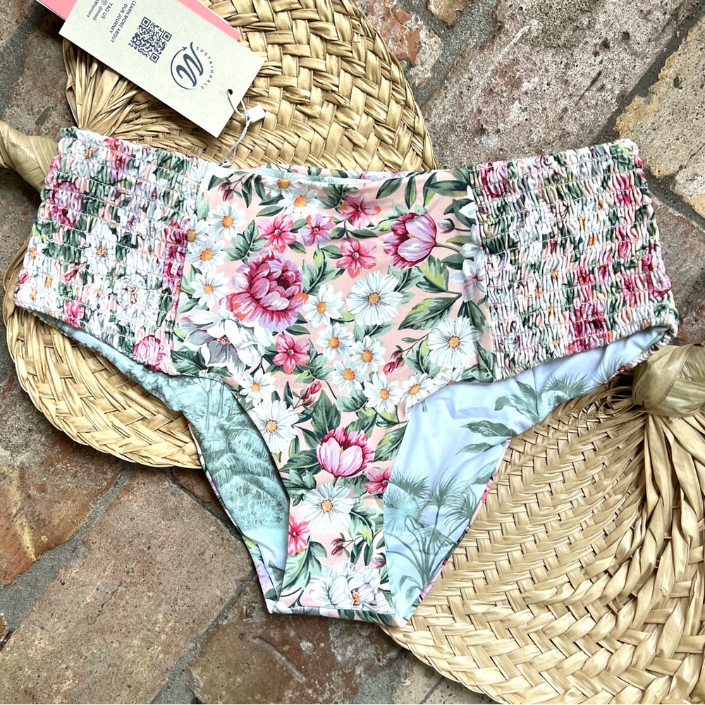 Maaji Floral High-Waist Bikini Bottom in Pink and Green